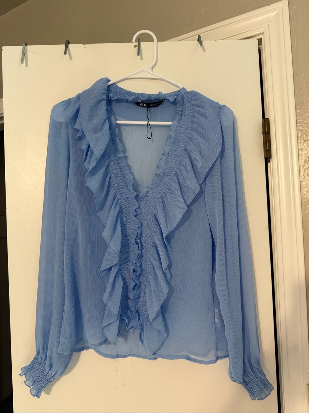Zara Light Blue Ruffle V-Neck Blouse
